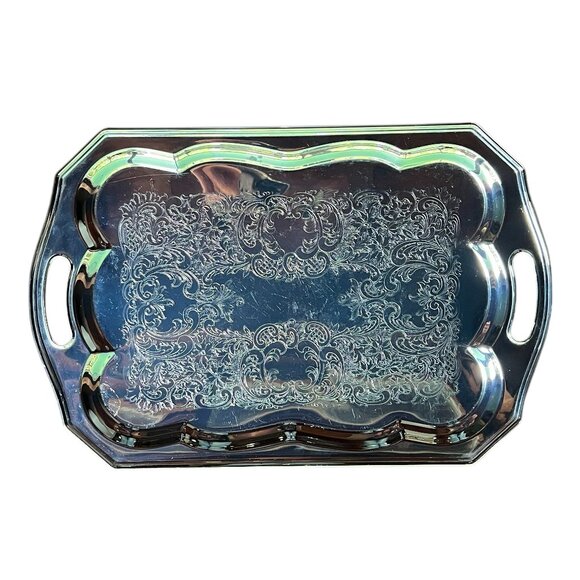 Vintage Silver Plated Etched Serving Tray with Handles, 18" x 12" - Picture 1 of 6